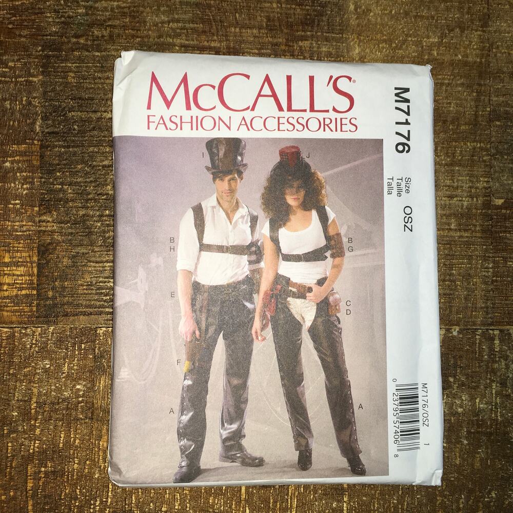 McCalls Sewing Pattern M7176 Steampunk Costume Chaps Harness Hat Armband UNCUT